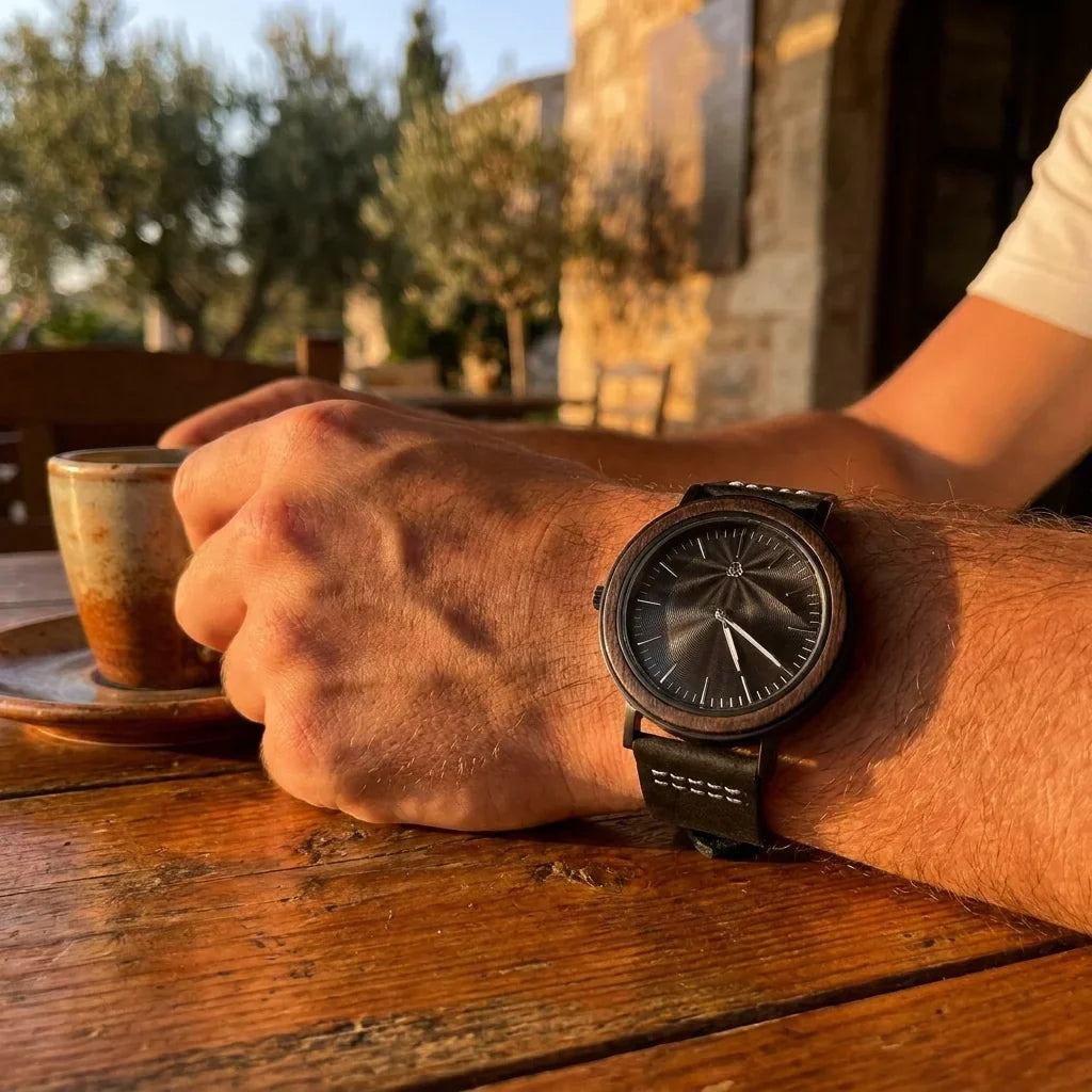 Bonoboss Toki Ébano BlackWave - lifestyle muneca con espresso en cafe #editorial_ctx_wrist_espresso #color_negro