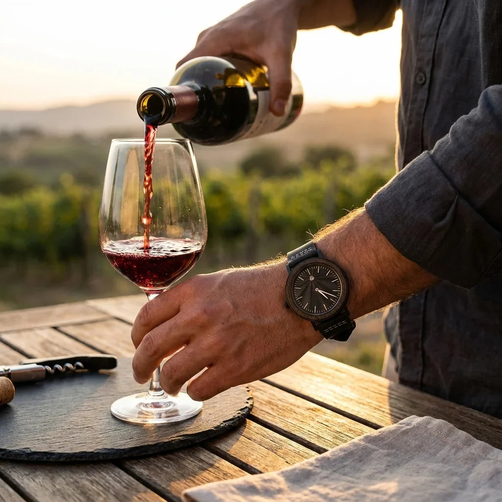 Bonoboss Toki Ébano BlackWave - lifestyle muneca sirviendo vino en terraza #editorial_ctx_wrist_wine_pour #color_negro