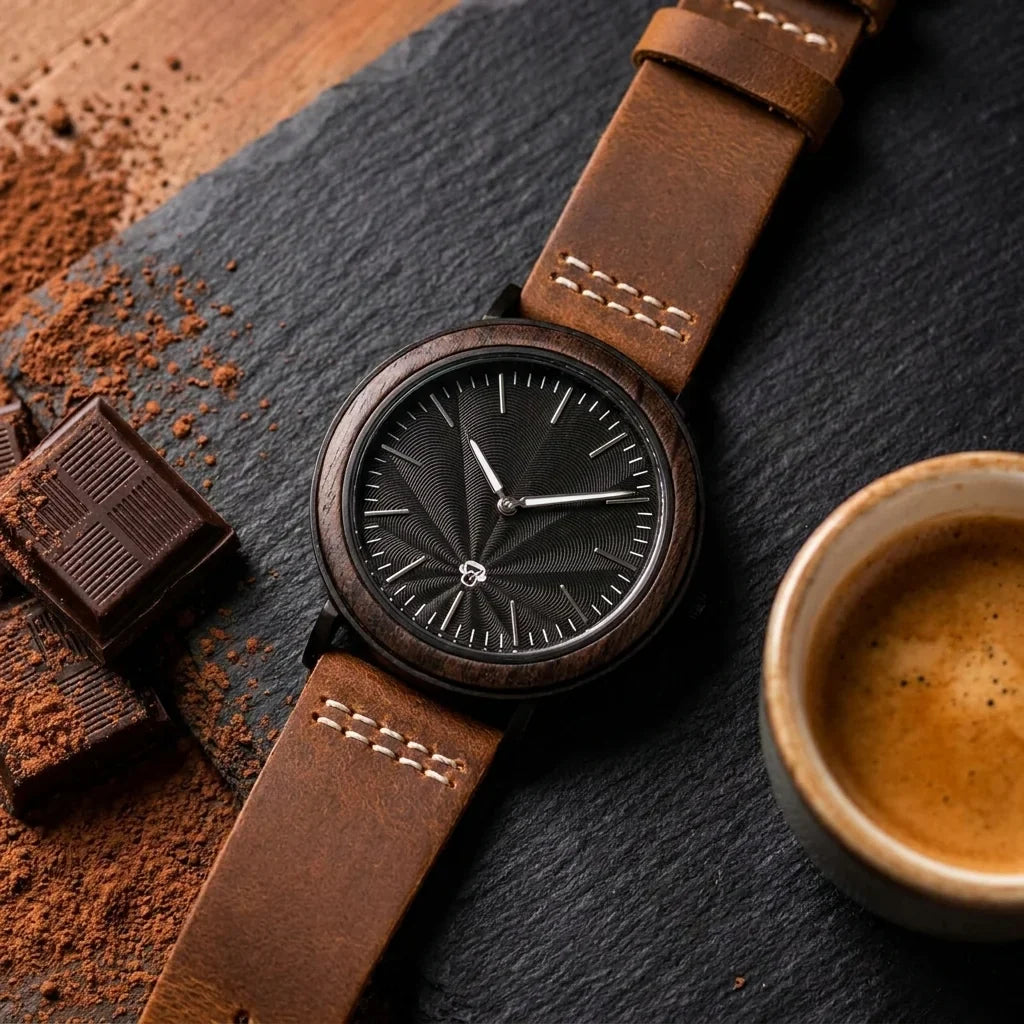 Bonoboss Toki Ébano BlackWave Café - reloj still life chocolate artesanal y espresso #editorial_ctx_chocolate_pairing #color_cafe