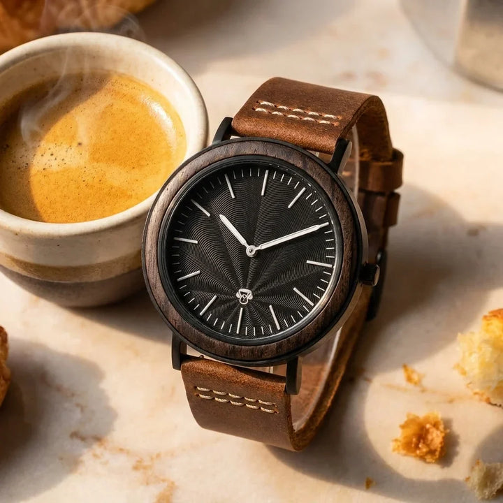 Bonoboss Toki Ébano BlackWave Café - reloj madera ebano acero still life espresso en marmol #editorial_ctx_espresso_marble #color_cafe