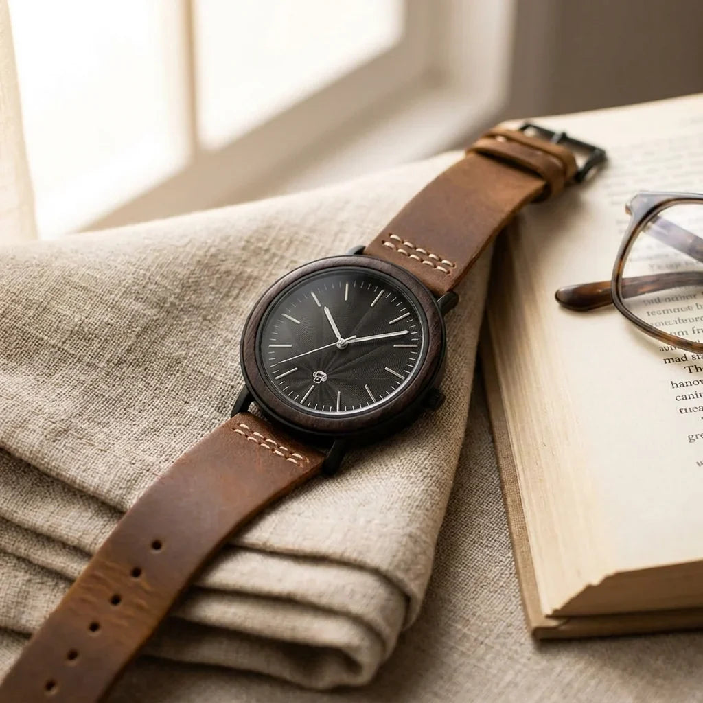 Bonoboss Toki Ébano BlackWave Café - reloj still life lino y libro luz natural #editorial_ctx_linen_book #color_cafe