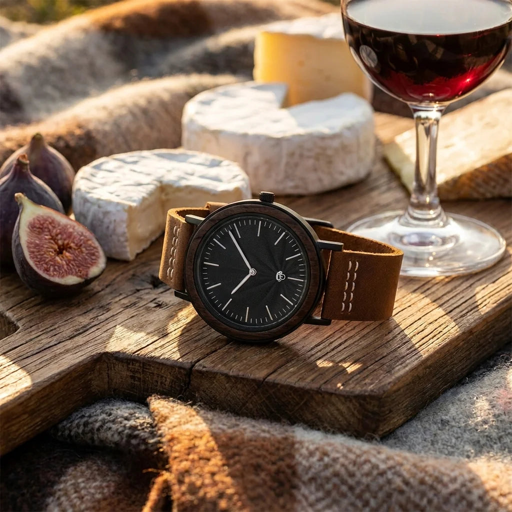 Bonoboss Toki Ébano BlackWave Café - reloj still life picnic gourmet queso y vino #editorial_ctx_picnic_gourmet #color_cafe
