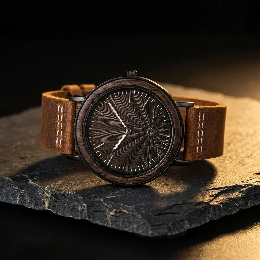 Bonoboss Toki Ébano BlackWave Café - reloj still life piedra pizarra luz dorada #editorial_ctx_stone_raking #color_cafe