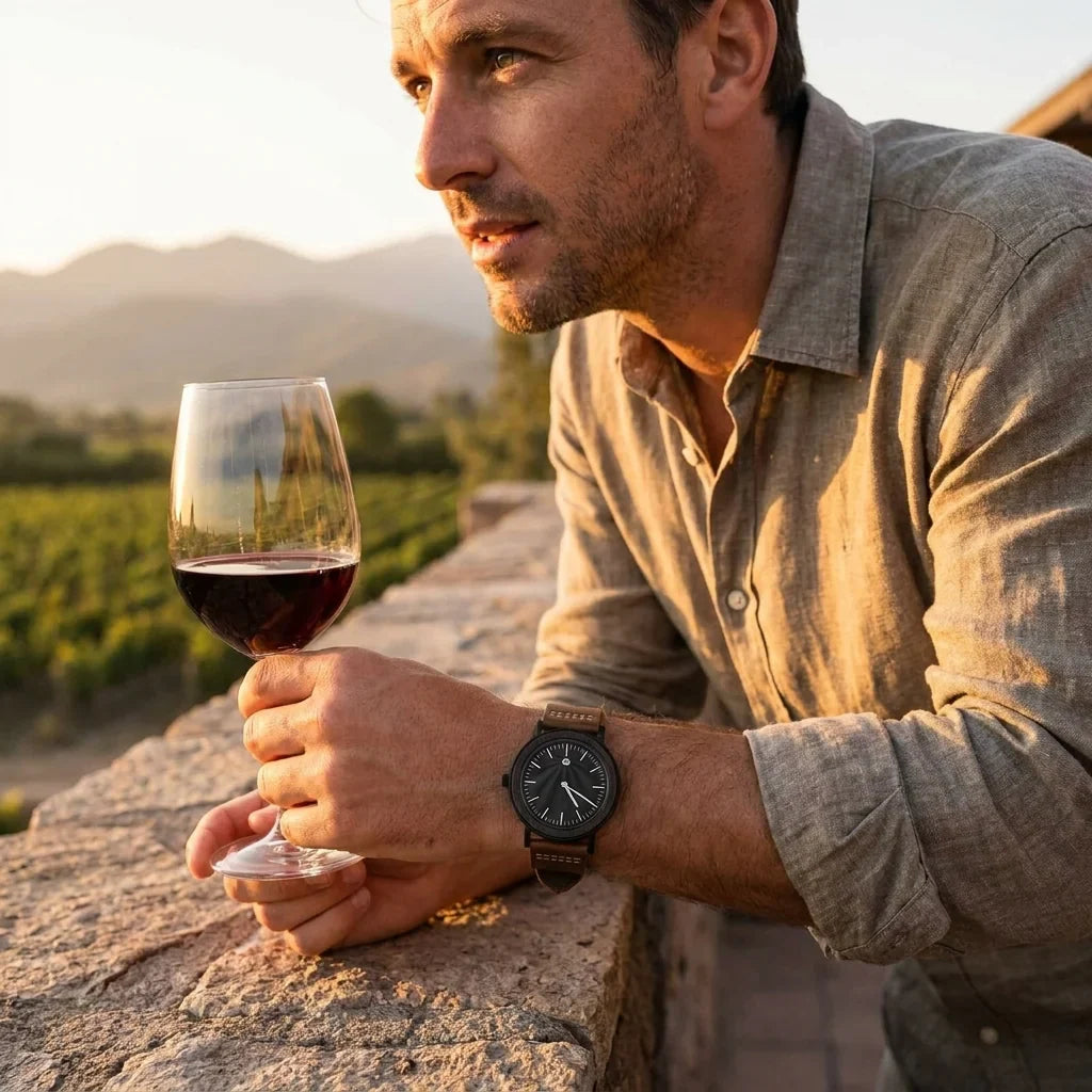 Bonoboss Toki Ébano BlackWave Café - lifestyle editorial terraza copa de vino #editorial_ctx_terrace_wine #color_cafe