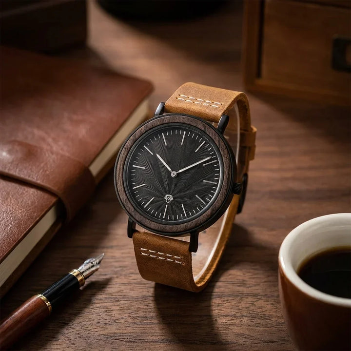 Bonoboss Toki Ébano BlackWave Café - reloj still life madera nogal journal y pluma #editorial_ctx_walnut_journal #color_cafe