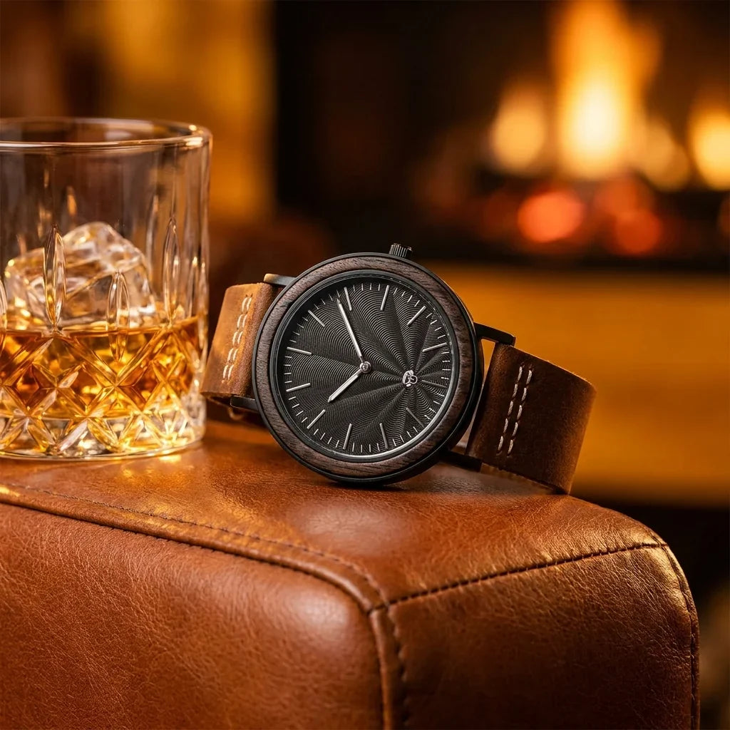 Bonoboss Toki Ébano BlackWave Café - reloj still life whisky y sillon de cuero #editorial_ctx_whisky_leather #color_cafe