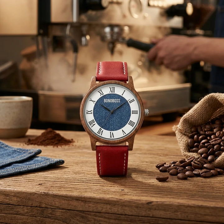 Bonoboss Toki Sándalo Jeans Cuero - reloj still life barra cafe de especialidad #editorial_ctx_barista_counter #color_rojo