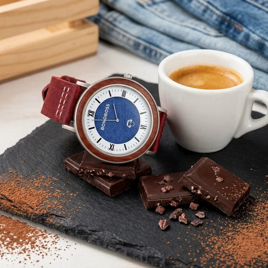 Bonoboss Toki Sándalo Jeans Cuero - reloj still life chocolate artesanal y espresso #editorial_ctx_chocolate_pairing #color_rojo