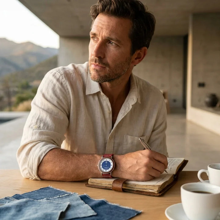 Bonoboss Toki Sándalo Jeans Cuero - lifestyle editorial hombre escribiendo journal #editorial_ctx_lifestyle_editorial #color_rojo