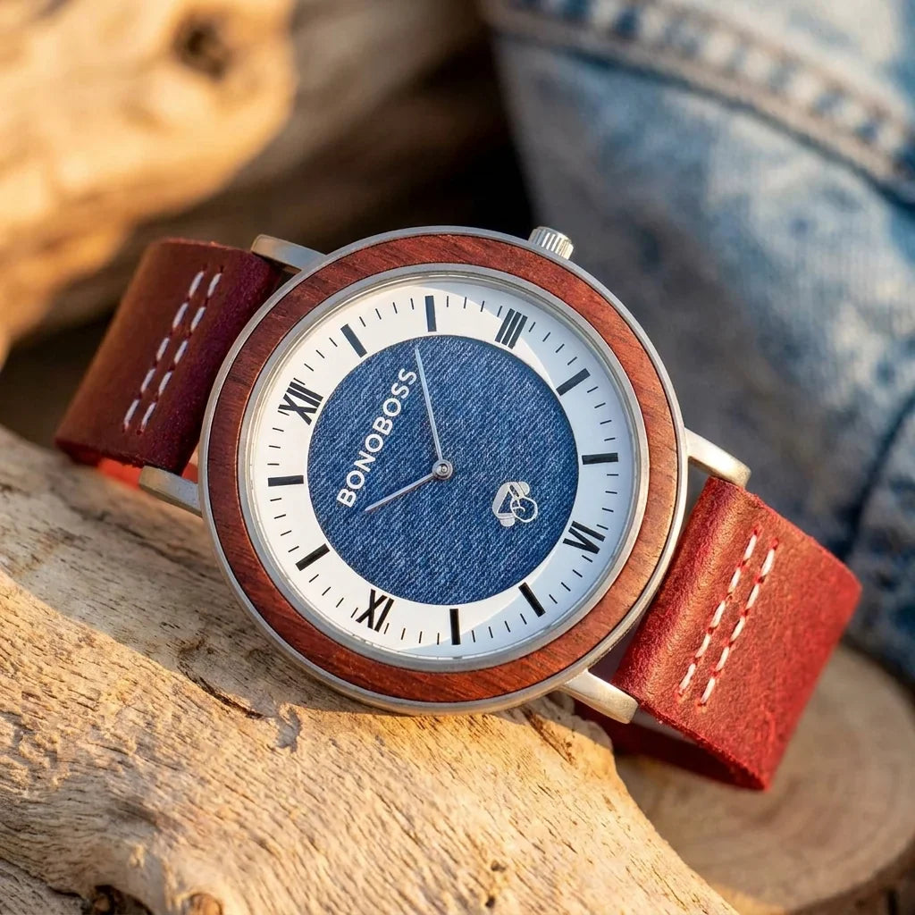Bonoboss Toki Sándalo Jeans Cuero - macro dial luz dorada #editorial_ctx_macro_dial_gold #color_rojo