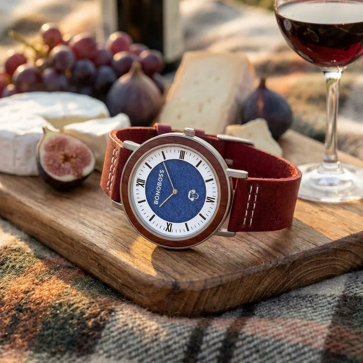 Bonoboss Toki Sándalo Jeans Cuero - reloj still life picnic gourmet queso y vino #editorial_ctx_picnic_gourmet #color_rojo