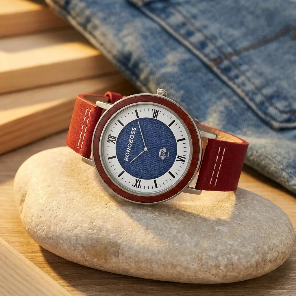 Bonoboss Toki Sándalo Jeans Cuero - reloj still life piedra luz dorada #editorial_ctx_stone_raking #color_rojo