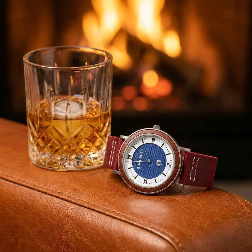 Bonoboss Toki Sándalo Jeans Cuero - reloj still life whisky y sillon de cuero #editorial_ctx_whisky_leather #color_rojo