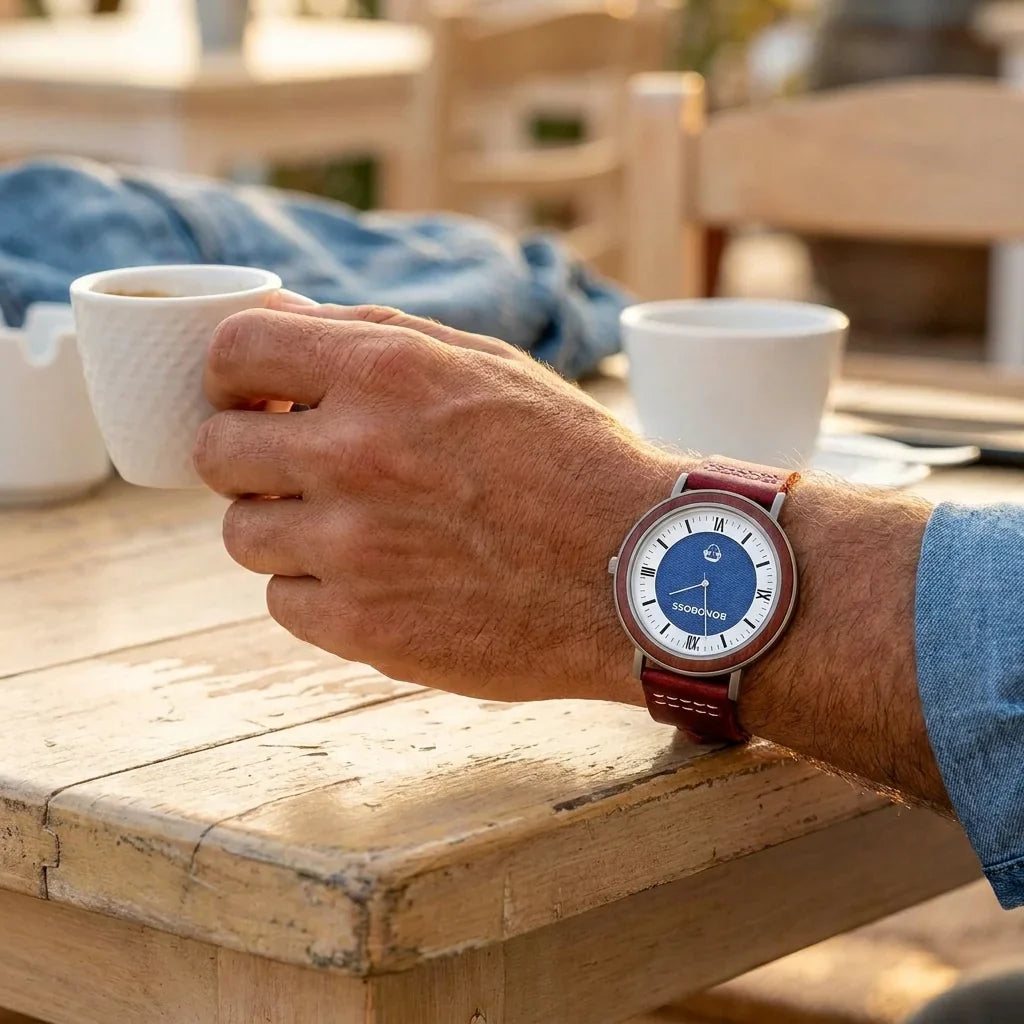 Bonoboss Toki Sándalo Jeans Cuero - lifestyle muneca con espresso en cafe #editorial_ctx_wrist_espresso #color_rojo