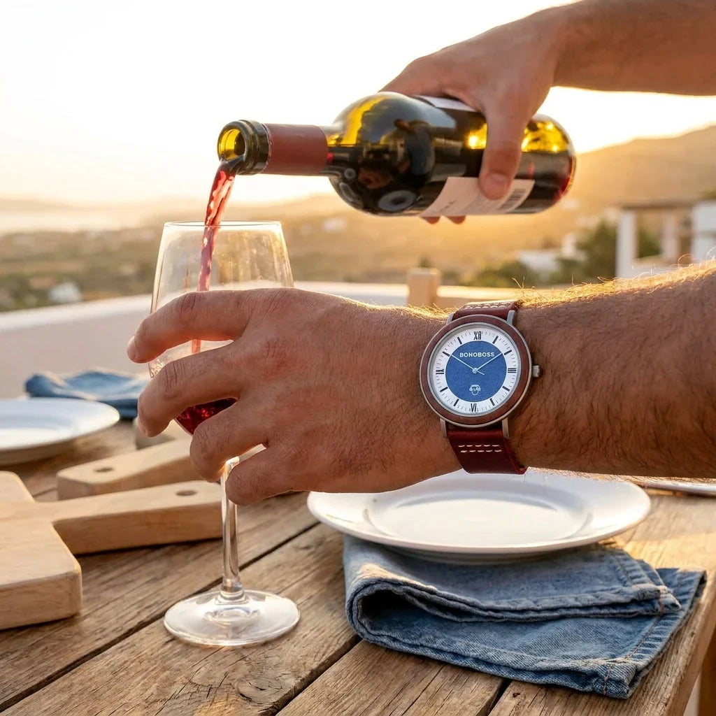Bonoboss Toki Sándalo Jeans Cuero - lifestyle muneca sirviendo vino en terraza #editorial_ctx_wrist_wine_pour #color_rojo