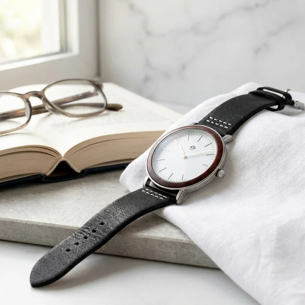 Bonoboss Toki Sándalo Rojo Plata Sport - reloj still life lino y libro luz natural #editorial_ctx_linen_book #color_negro