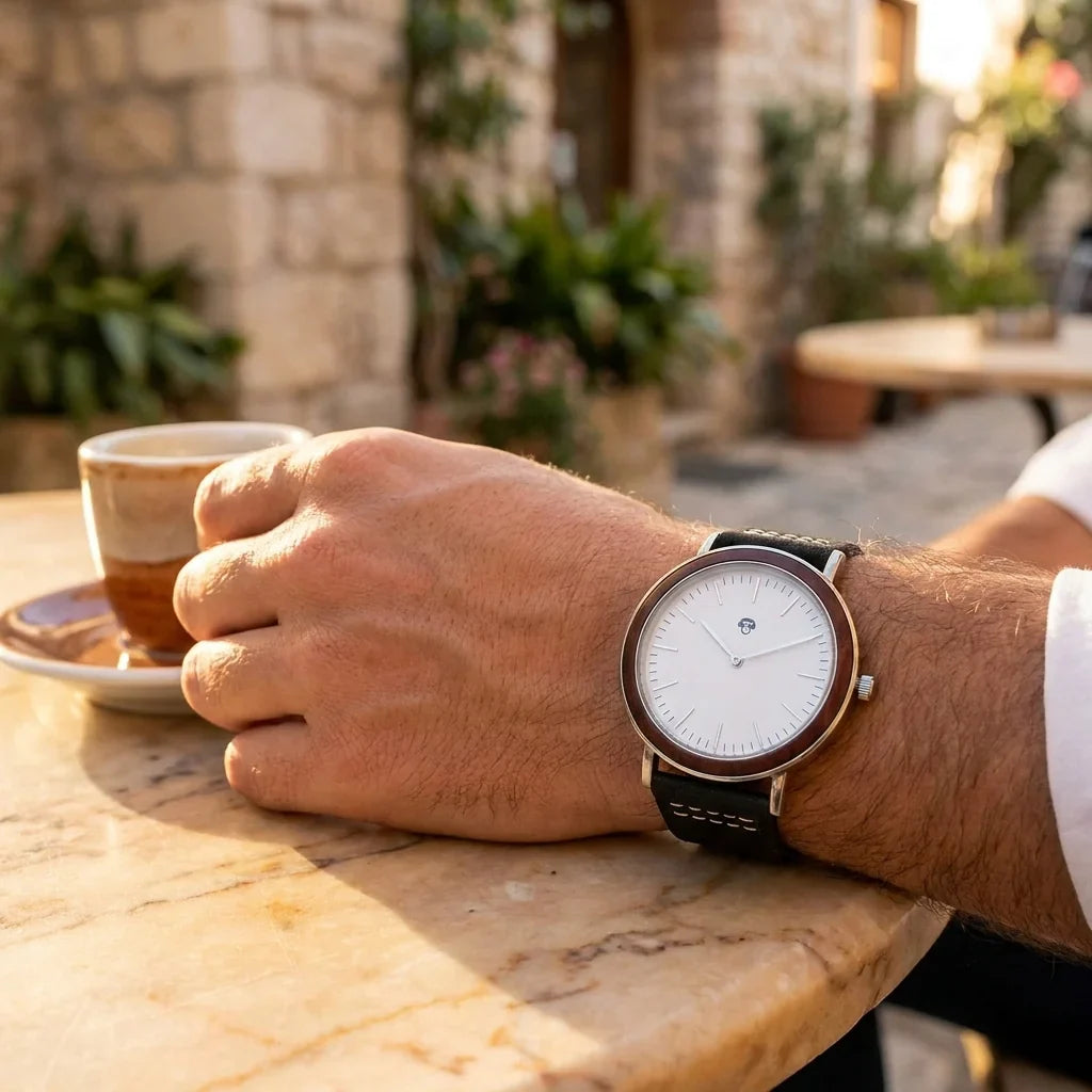 Bonoboss Toki Sándalo Rojo Plata Sport - lifestyle muneca con espresso en cafe #editorial_ctx_wrist_espresso #color_negro