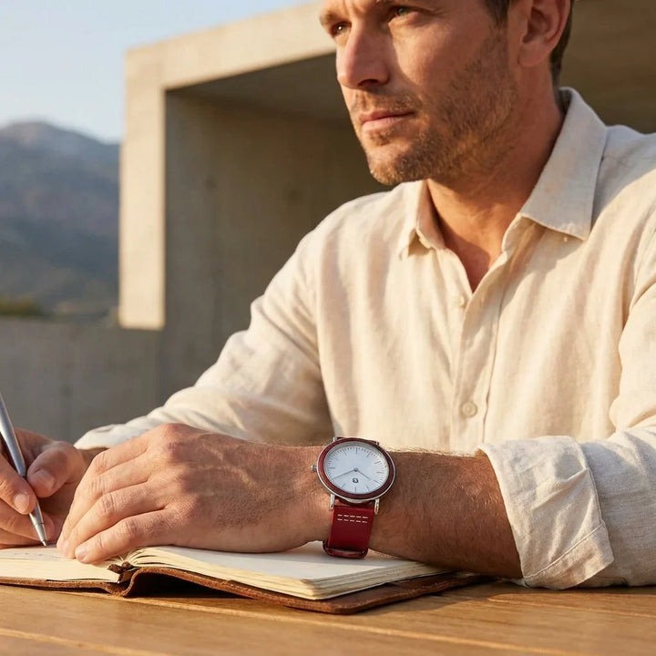 Bonoboss Toki Sándalo Rojo Plata Sport - lifestyle editorial hombre escribiendo journal #editorial_ctx_lifestyle_editorial #color_rojo