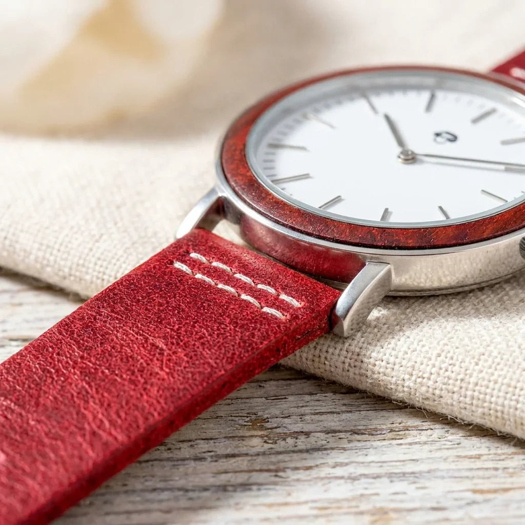 Bonoboss Toki Sándalo Rojo Plata Sport - macro correa de cuero costura #editorial_ctx_macro_strap #color_rojo