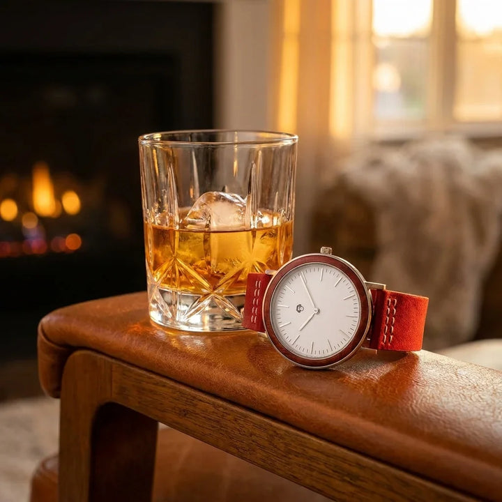 Bonoboss Toki Sándalo Rojo Plata Sport - reloj still life whisky y sillon de cuero #editorial_ctx_whisky_leather #color_rojo