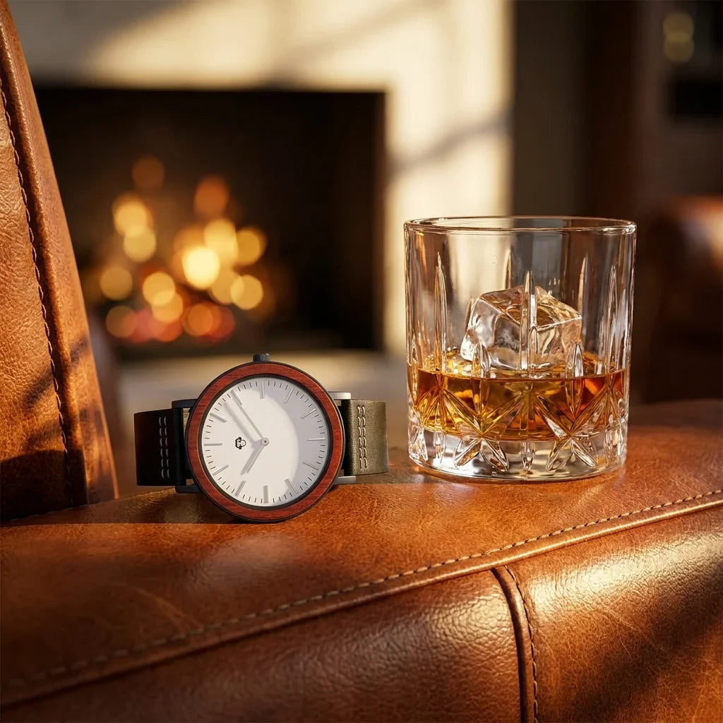 Bonoboss Toki Sándalo Rojo Sport - reloj still life whisky y sillon de cuero #editorial_ctx_whisky_leather #color_negro