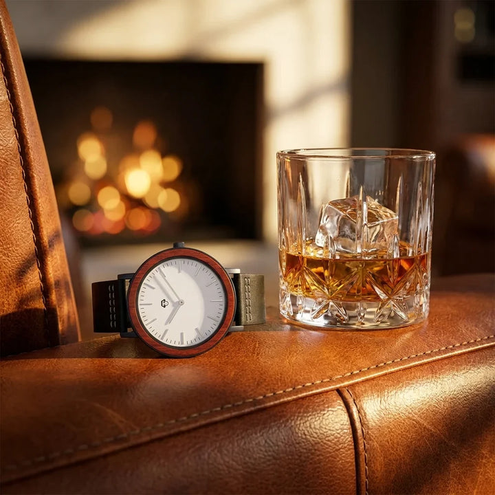 Bonoboss Toki Sándalo Rojo Sport - reloj still life whisky y sillon de cuero #editorial_ctx_whisky_leather #color_negro