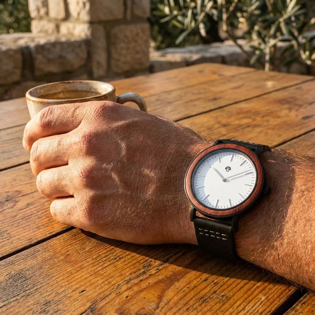 Bonoboss Toki Sándalo Rojo Sport - lifestyle muneca con espresso en cafe #editorial_ctx_wrist_espresso #color_negro