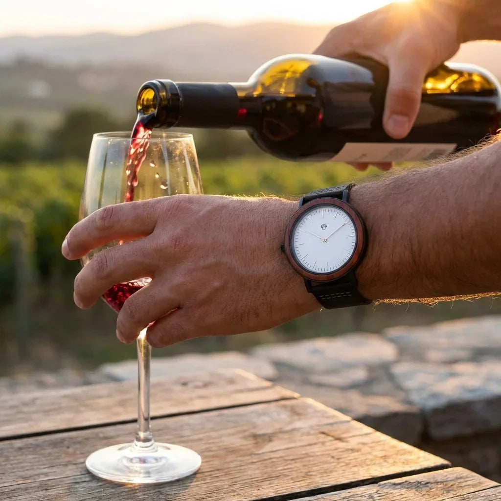 Bonoboss Toki Sándalo Rojo Sport - lifestyle muneca sirviendo vino en terraza #editorial_ctx_wrist_wine_pour #color_negro