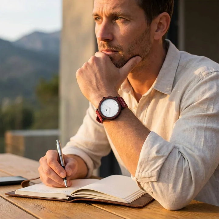 Bonoboss Toki Sándalo Rojo Sport - lifestyle editorial hombre escribiendo journal #editorial_ctx_lifestyle_editorial #color_rojo