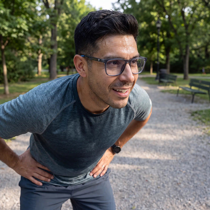 Lentes ópticos deportivos Bonoboss Tyson Azul, hombre practicando running al aire libre con el armazón puesto #editorial_modelo1 #color_azul