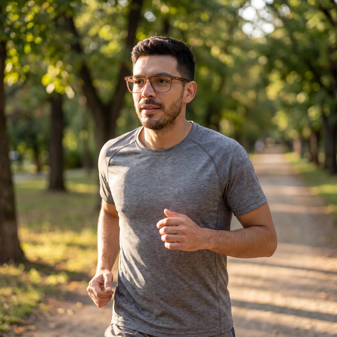 Lentes ópticos deportivos Bonoboss Tyson Champagne, hombre practicando running al aire libre con el armazón puesto #editorial_modelo1 #color_champagne