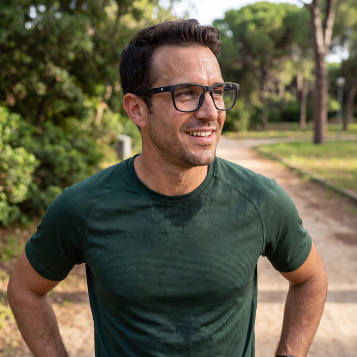Lentes ópticos deportivos Bonoboss Tyson Negro, hombre practicando running al aire libre con el armazón puesto #editorial_modelo1 #color_negro
