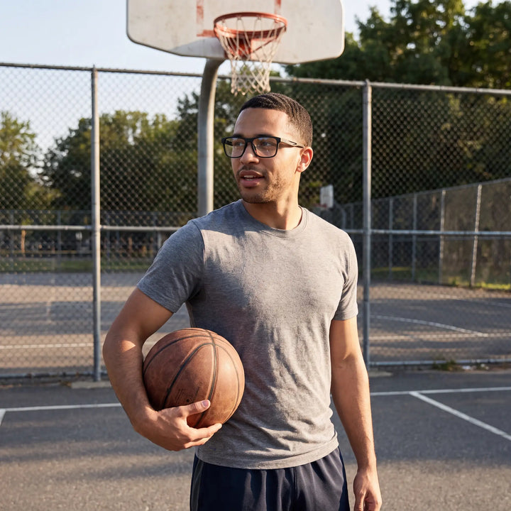 Lentes ópticos deportivos Bonoboss Tyson Negro, hombre practicando básquetbol al aire libre con el armazón puesto #editorial_modelo5 #color_negro