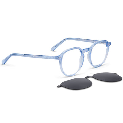 anteojos o marcos ópticos con iman o clip de sol polarizados de forma octagonal o redondos para hombres y mujeres de cara redonda grande. Vista angulada y armazones de color azul