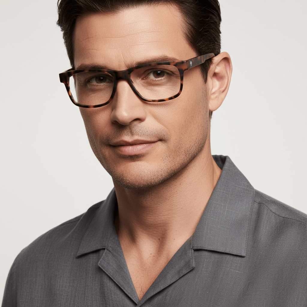 la vista frontal de un modelo hombre de cara ovalada usando armazones marcos opticos con receta Bonoboss de color texturizado en acetato natural biodegradable sustentable reciclado laminao de #color_darkblue