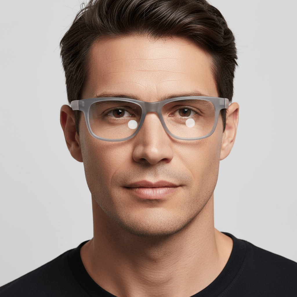 la vista frontal de un modelo hombre de cara ovalada usando unos armazones marcos opticos lentes con receta de forma rectangular de #color_transparente