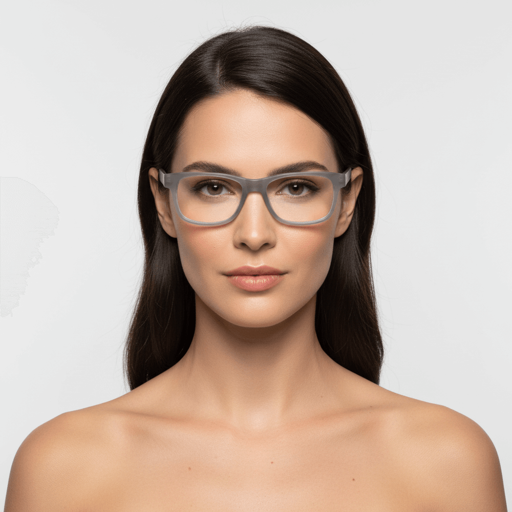la vista lateral de una modelo mujer de cara ovalada usando armazones marcos opticos con receta Bonoboss de color texturizado en acetato natural biodegradable sustentable reciclado laminao de #color_darkblue