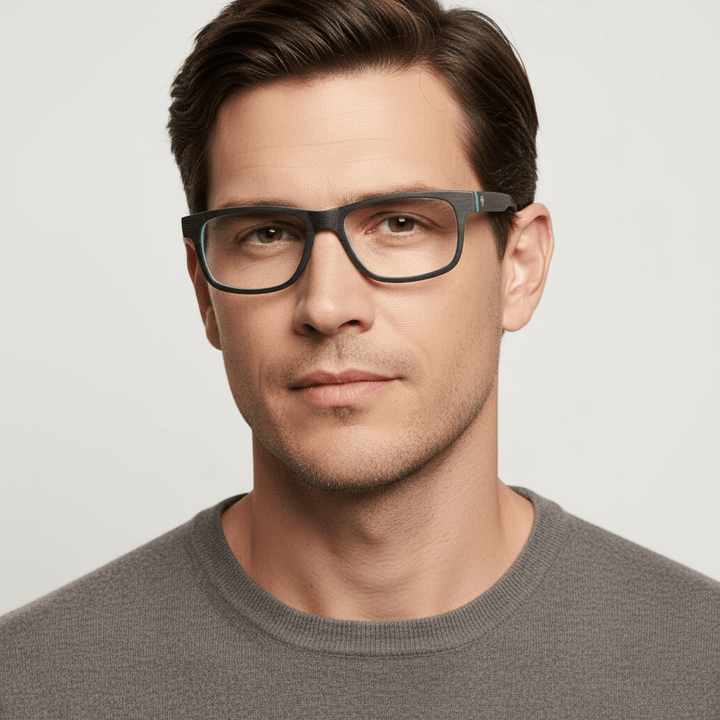 la vista frontal de un modelo hombre de cara ovalada usando armazones marcos opticos con receta Bonoboss de color texturizado en acetato natural biodegradable sustentable reciclado laminao de #color_darkblue