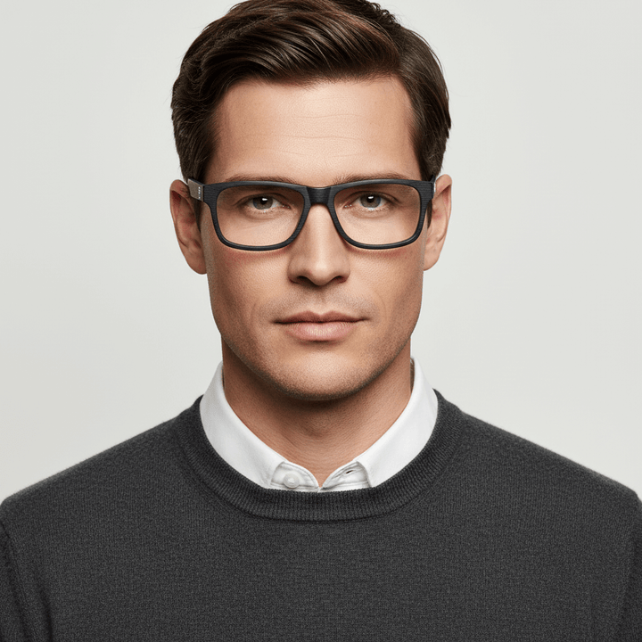 la vista frontal de un modelo hombre de cara ovalada usando armazones marcos opticos con receta Bonoboss en acetato natural biodegradable sustentable reciclado de #color_black
