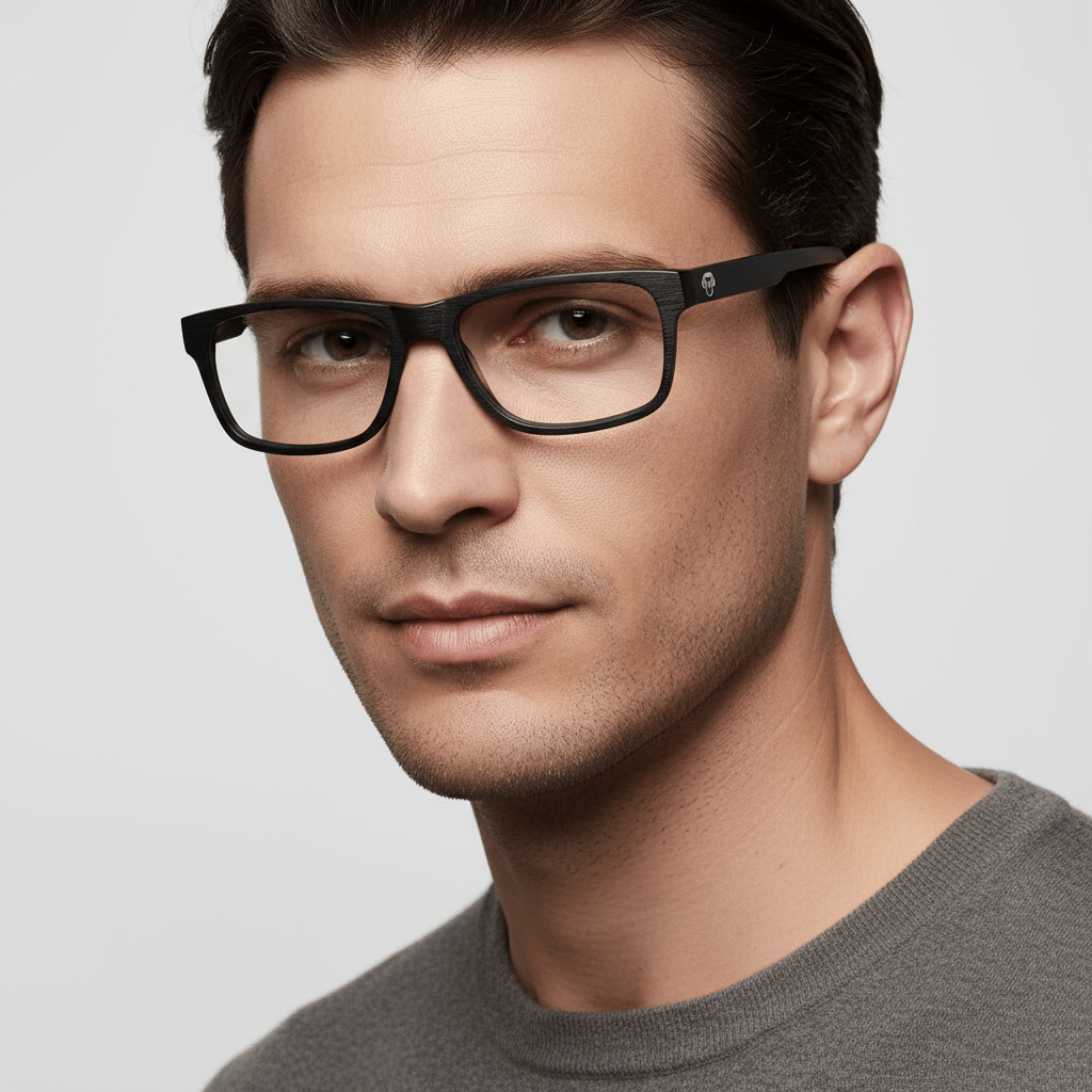 la vista frontal de un modelo hombre de cara ovalada usando armazones marcos opticos con receta Bonoboss de color texturizado en acetato natural biodegradable sustentable reciclado laminao de #color_darkblue