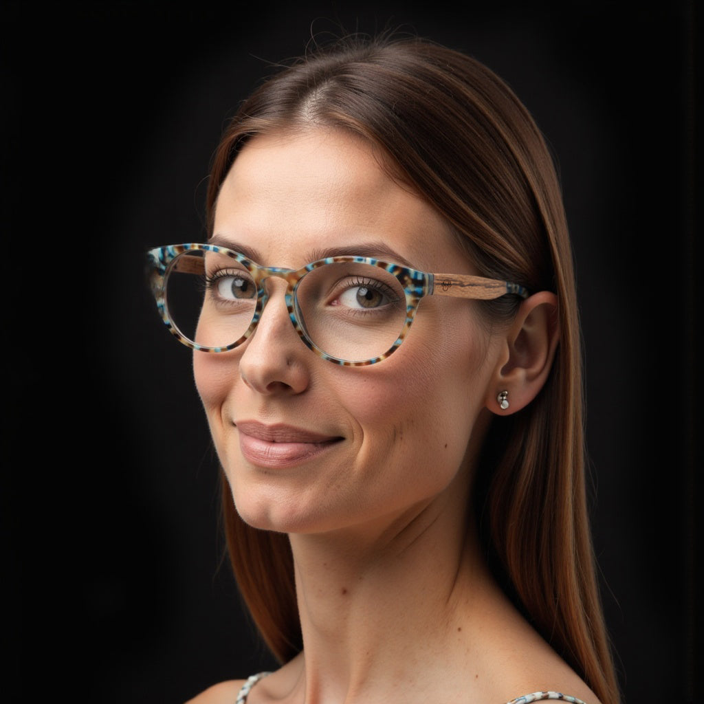 marcos ópticos redondos acetato organico sustentable ecologico color azul patas madera natural plastico reciclado para hombre y mujer mayorista de opticas#color_blue