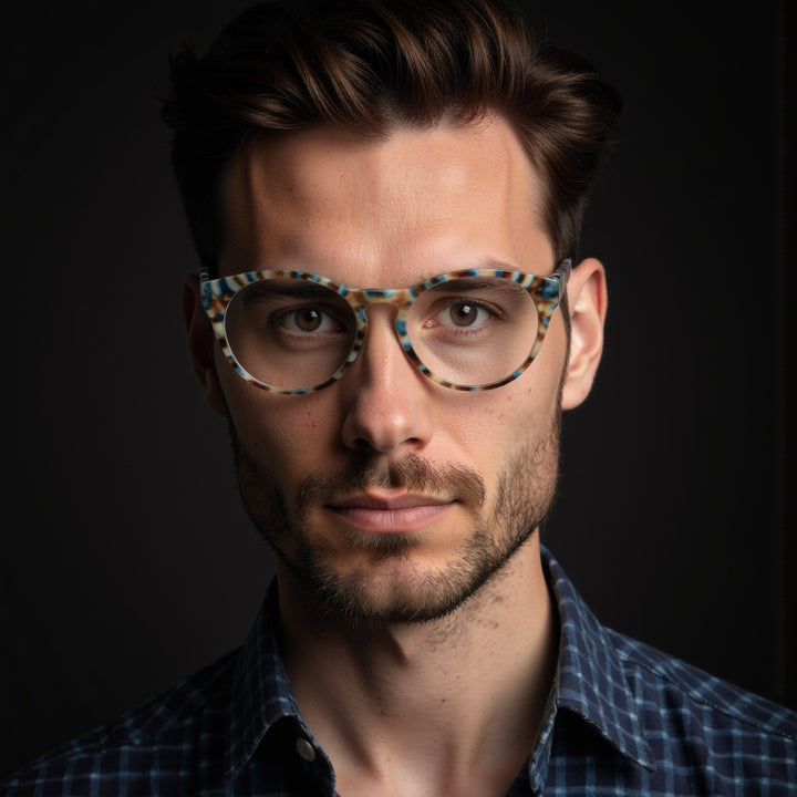 marcos ópticos redondos acetato organico sustentable ecologico color azul patas madera natural plastico reciclado para hombre y mujer mayorista de opticas#color_blue