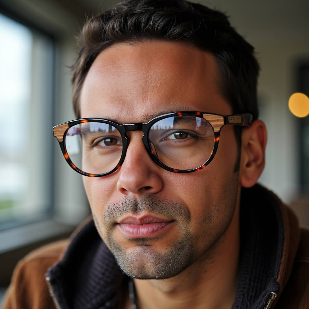 marcos ópticos armazones sustentables redondos de acetato con madera natural chiloe 0084 carey mayorista de optica regalos corporativos ecologicos#color_carey