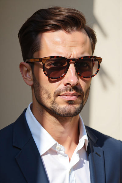 lentes de sol polarizados para hombre y mujerovalados de color carey con patas de madera natural sustentable. Marco de plastico reciclado con lentes polarizadas