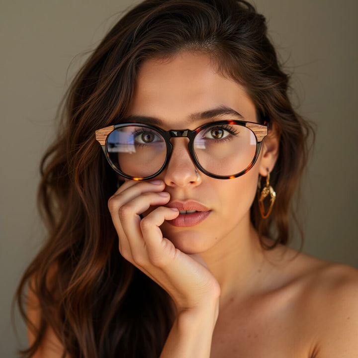 marcos ópticos armazones sustentables redondos de acetato con madera natural chiloe 0084 carey mayorista de optica regalos corporativos ecologicos#color_carey