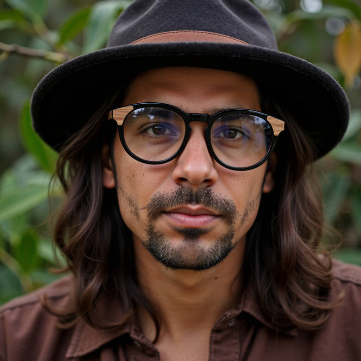 marcos ópticos armazones sustentables redondos de acetato con madera natural chiloe 0084 negros mayorista de optica regalos corporativos ecologicos#color_negro