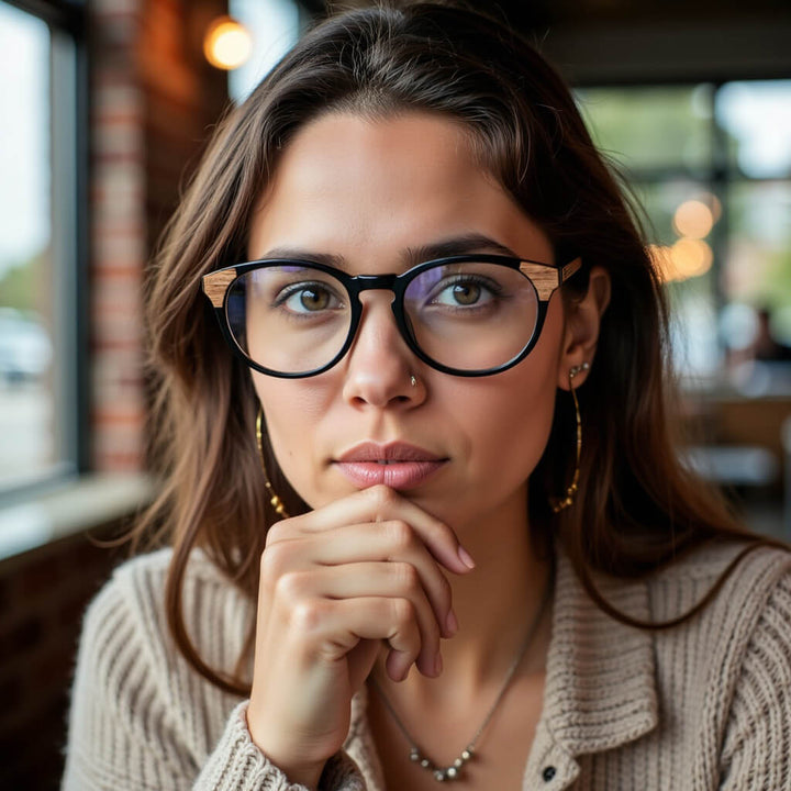 marcos ópticos armazones sustentables redondos de acetato con madera natural chiloe 0084 negros mayorista de optica regalos corporativos ecologicos#color_negro