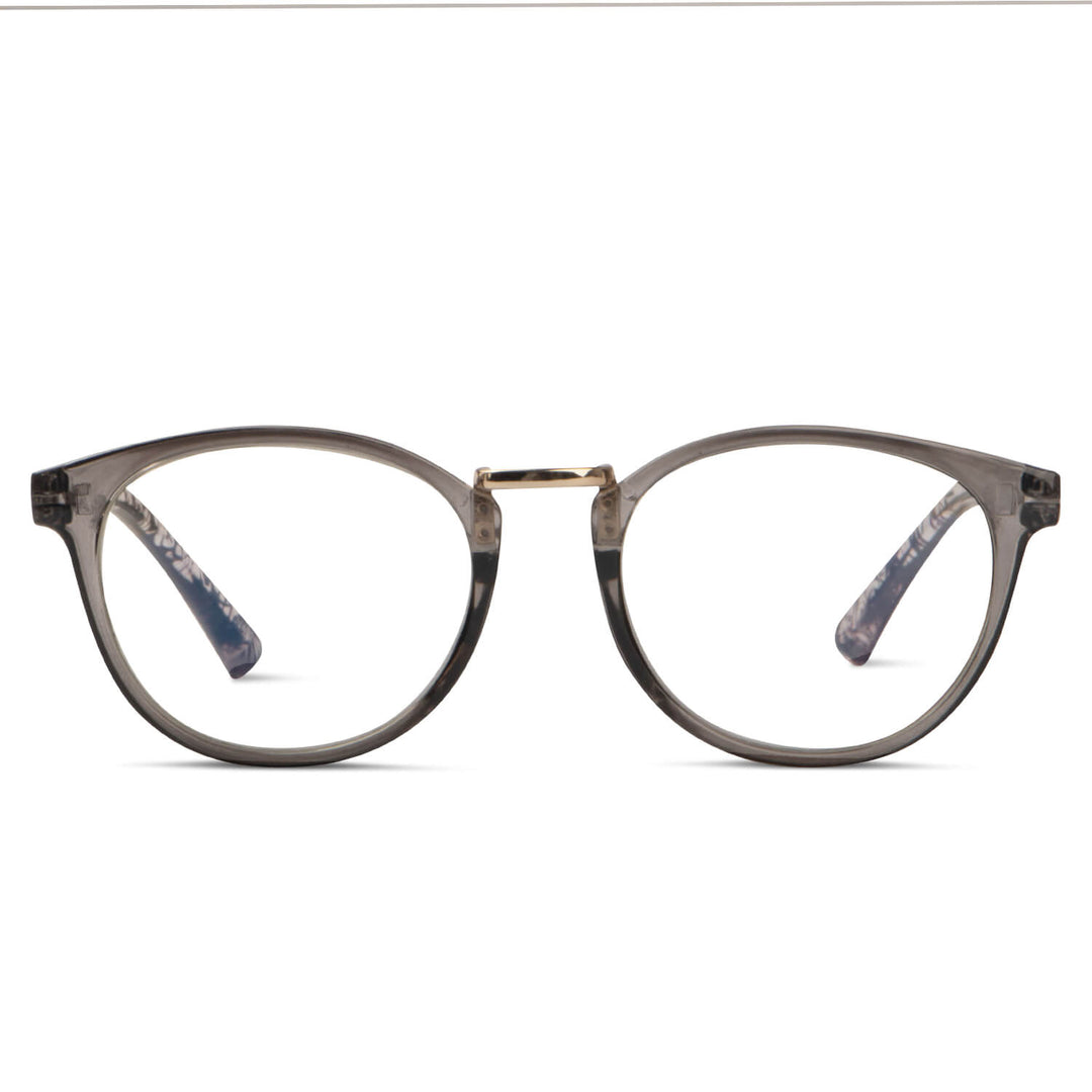 anteojos de lectura marcos redondos de color gris transparente con puente metalico para hombre y mujer con filtro azul