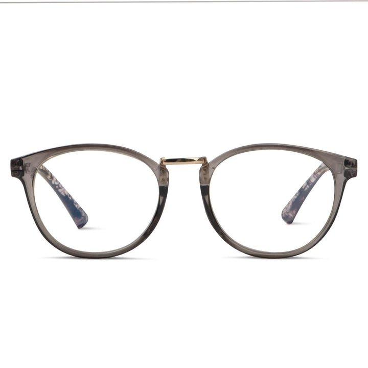 anteojos de lectura marcos redondos de color gris transparente con puente metalico para hombre y mujer con filtro azul