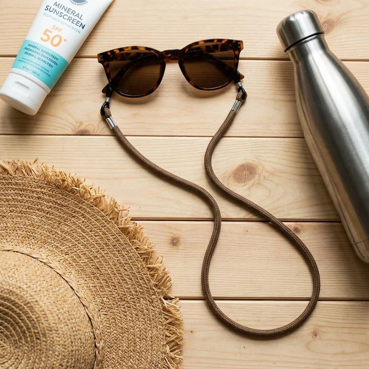 Correa para lentes reciclada brown flat lay esenciales de verano Bonoboss #color_brown